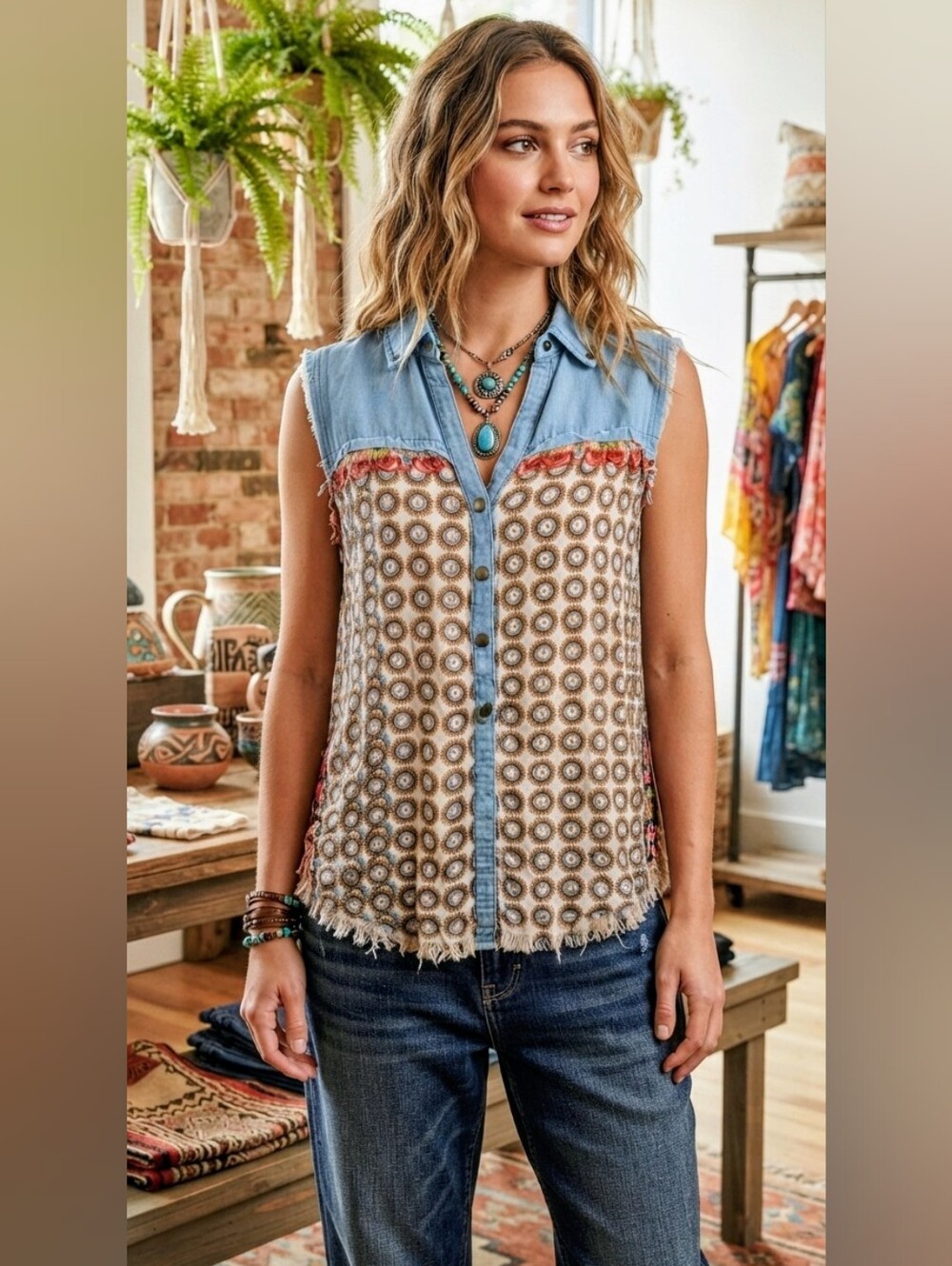 Boho Hold Me Denim Mixed Print Sleeveless Chambray Top Size Small S EUC